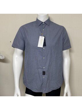 Denim & Flower Short Sleeve Shirt Mens Large Blue Geometric Foulard Print Button
